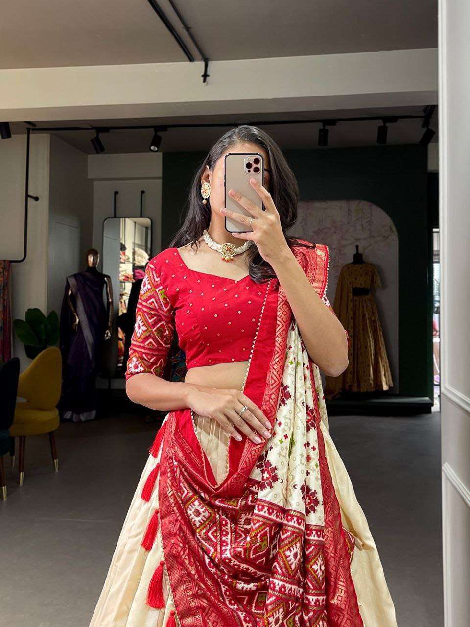 Women's Tussar Silk Patola Print Lehenga Choli Dupatta Set